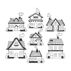 Collection of Whimsical Hand-Drawn Houses with Smoking Chimneys