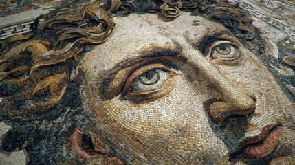 Ancient mosaic artwork, depicting a close-up of a face, showcasing intricate detail and artistry. The subject's expression is contemplative