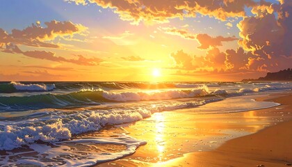 Stunning, painterly view of ocean waves meeting a golden beach under a vibrant, sunset sky filled with clouds