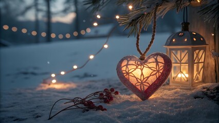 Warm glowing heart shaped christmas ornament hanging from a frosted pine branch with fairy lights and lanterns in a snowy winter forest at dusk