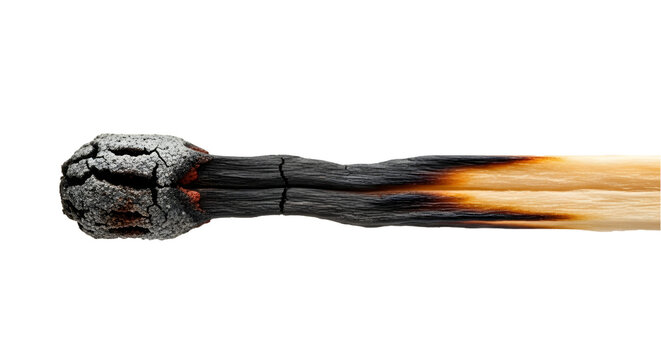 Burnt Matchstick Isolated: A macro shows charred wood with ashes and bright amber, revealing texture. Ideal for conceptual designs and cautionary posters.