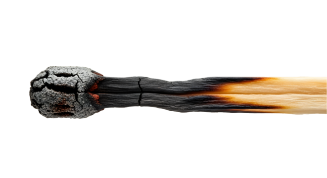 Burnt Matchstick Isolated: A macro shows charred wood with ashes and bright amber, revealing texture. Ideal for conceptual designs and cautionary posters.