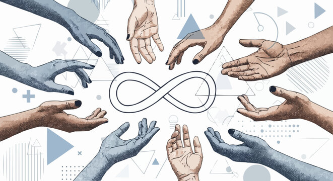 Hands reaching towards infinity symbol representing connection and unity.