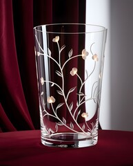 Crystal-clear decorative glass cup featuring delicate golden floral engravings beside rich velvet curtains