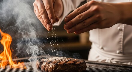 Watch the Chef Season a Juicy Steak on a Fiery Grill for Mouthwatering Flavor, Perfect for Culinary Creations and Restaurant Promotions, A Foodie's Dream,Generated Image
