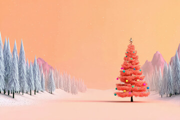 Naklejka premium pastel christmas tree 3d illustration featuring a minimalist winter xmas landscape with soft snowy mountains for modern holiday design