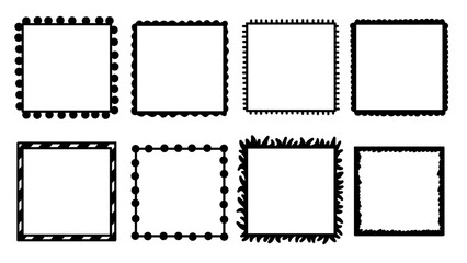 Black and White Vector Illustration of Eight Decorative Square Frames with Unique Borders Isolated on White Background, Transparent PNG