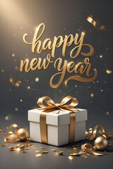 Golden &ldquo;Happy New Year&rdquo; text with festive confetti and a gift box wrapped in gold ribbon, creating a celebratory holiday atmosphere on a dark background.