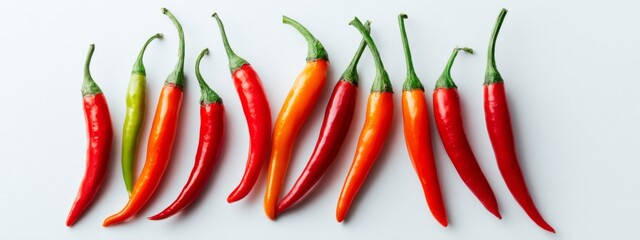 Vibrant Chili Peppers Arranged Symmetrically on a Bright White Surface for Culinary Presentation
