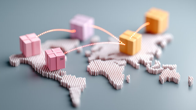Global logistics and shipping concept with parcels moving across world map