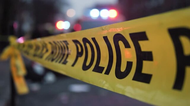 Police tape cordoning off a crime scene at dusk, with emergency lights flashing in the background