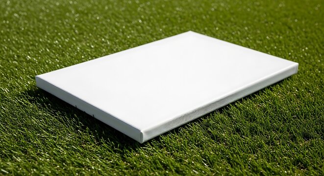 A pristine white baseball or softball base resting on a vibrant green artificial turf field, ready for a game or practice session