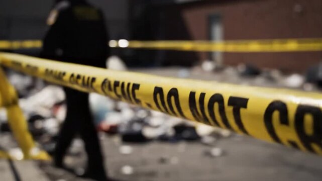 Police tape marking a crime scene in an urban environment with blurred lights in the background