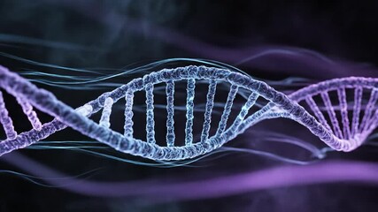 A 3D animation of a rotating DNA double helix structure. Glowing purple and blue molecule on a dark background. Genetics, biotechnology, and medical research concept - Powered by Adobe