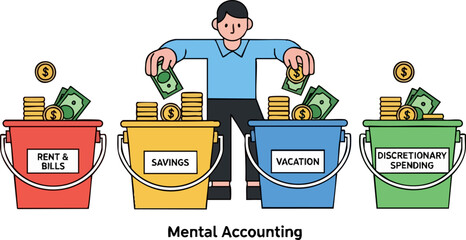 Man allocates money to various budget categories buckets © Raheel