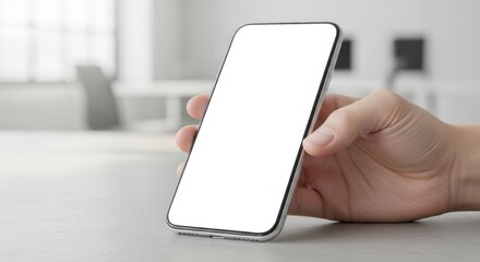 Close-up of a person holding a modern smartphone with a blank screen in a minimalistic office