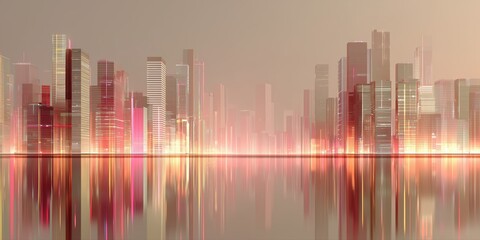 Modern city skyline reflection in rose gold light with smooth haze for luxury architecture design.