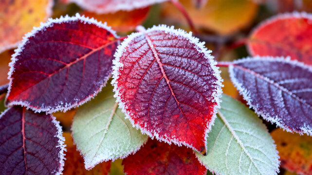 Close up of frosted autumn leaves