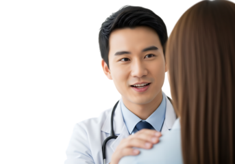 a smiling asian doctor wearing a white coat and stethoscope looks at a patient with long brown hair on transparent background high quality