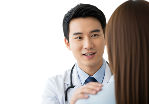 a smiling asian doctor wearing a white coat and stethoscope looks at a patient with long brown hair on transparent background high quality