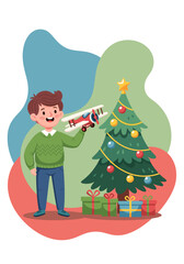 Toddler holding toy plane next to Christmas tree with gifts
