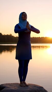 Young Muslim woman wearing a burkini and hijab is practicing yoga on a rock overlooking a serene lake as the sun sets in the background, creating a peaceful and spiritual atmosphere