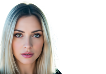 a close up portrait of a beautiful woman with long blonde hair and striking green eyes looking directly at the viewer on transparent
