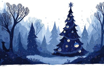 blue christmas tree illustration featuring a snowy winter forest and decorated pine for xmas holiday greeting cards