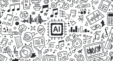 Creative vector pattern featuring music and technology elements, including AI concepts, ideal for digital design and branding projects