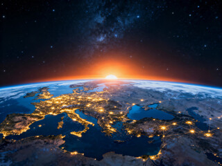 Fototapeta premium Europe at Night with Sunrise From Space
