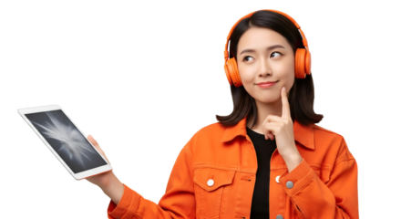 Asian Woman with Headphones Holding Tablet, Thoughtful Expression