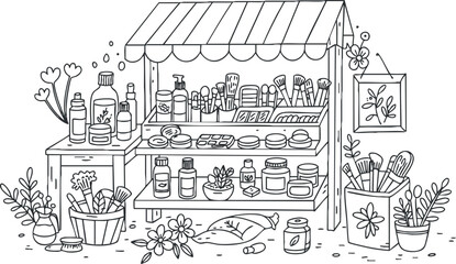 Hand-drawn line art illustration of a skincare market stall showcasing various beauty products and plants