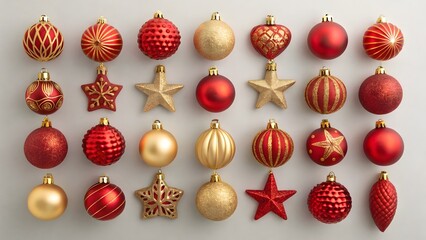 A festive collection of red and gold christmas ornaments arranged in a grid pattern on a neutral background for holiday decoration
