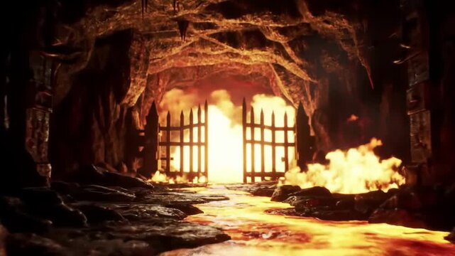 Glowing gate in fiery cave with lava, representing underworld entrance, usable for game art