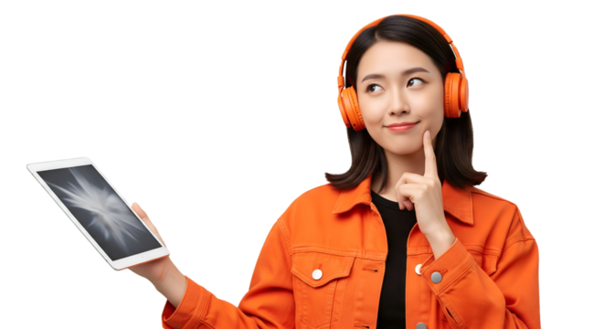 Asian Woman with Headphones Holding Tablet, Thoughtful Expression - Powered by Adobe