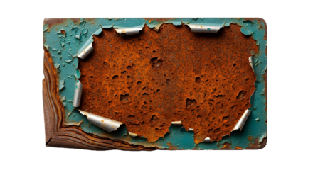 Turquoise paint peels revealing rusty metal, creating a grunge texture. Ideal for backgrounds, posters, and industrial branding.