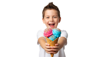Excited Boy with Colorful Ice Cream Cone Isolated