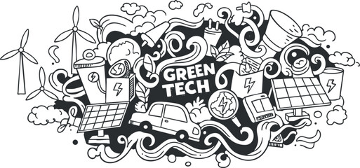 Fototapeta premium Creative black and white vector illustration showcasing green technology elements including wind turbines, electric vehicles, and solar panels for eco-friendly design projects
