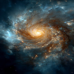 Spiral galaxy with bright glowing core surrounded by swirling clouds of dust and stars in deep space, showcasing cosmic beauty and vastness of universe