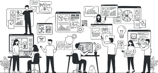 Monochrome vector illustration depicting a collaborative workspace with a team analyzing data and presenting ideas for digital projects