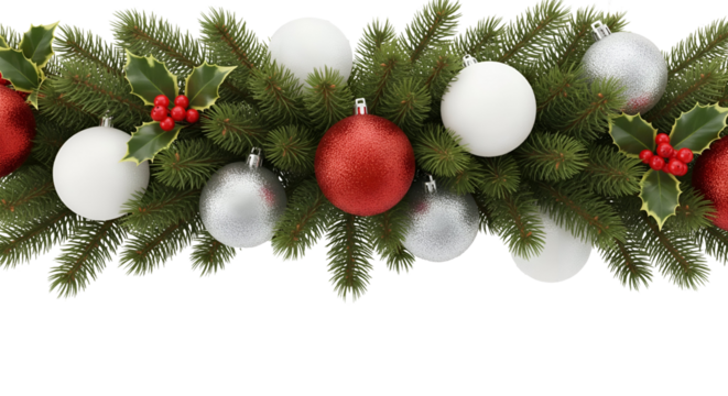 Christmas Garland with Red and Silver Ornaments on Transparent Background
