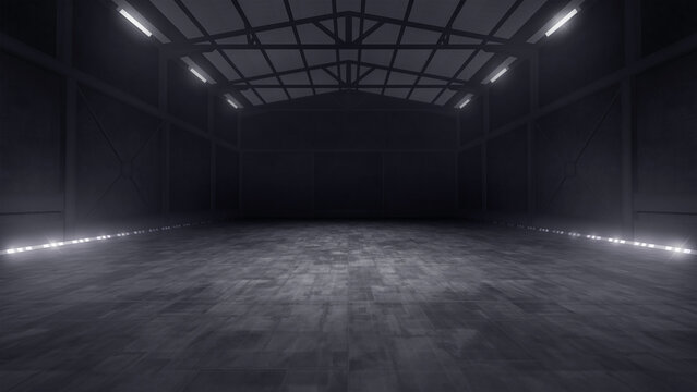 Full shot of a dark and mysterious, virtual TV show background, ideal for tv shows, documentaries or live events. 3D rendering backdrop suitable on VR tracking system stage sets, with green screen