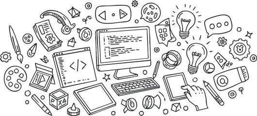 Hand-drawn vector illustration of technology and coding elements, perfect for digital design and creative projects.