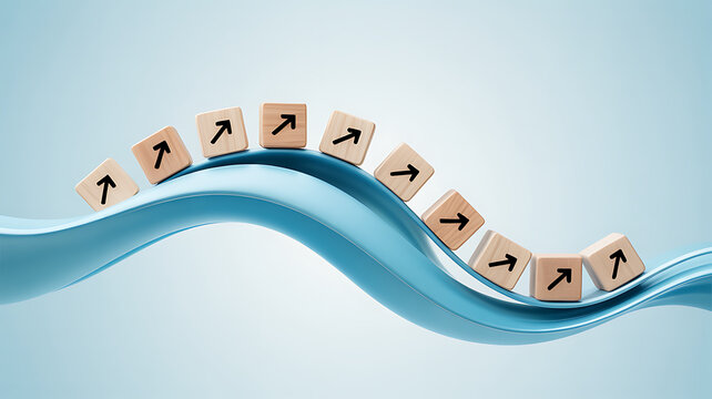 Flowing Smooth Blue Wave Pattern with Wooden Cubes and Upward Arrows Illustrating Dynamic Business Growth Stability and Continuous Improvement Trend