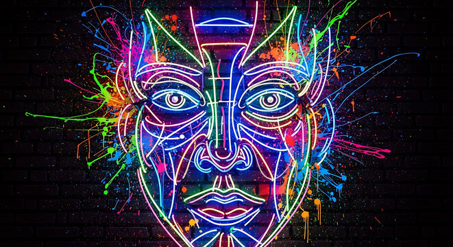 Electrifying Neon Glow Portrait Abstract Human Face Illuminated by Explosive Colorful Splashes, a Vibrant Digital Art Vision on a Dark Urban Canvas