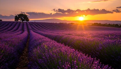 Sunset view of lavender fields, with a single tree on the left and mountains in the distance
