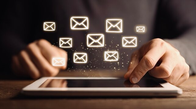 Person sending email messages using a digital tablet