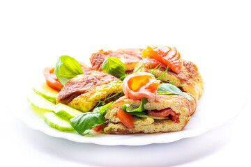 Omelet with red fish fillet and herbs for gourmets