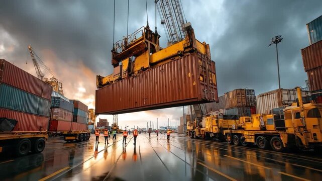 Crane carefully hoists a shipping container at a busy port during sunset with workers coordinating the operation