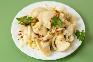 Homemade dumplings with fried onions served on white plate